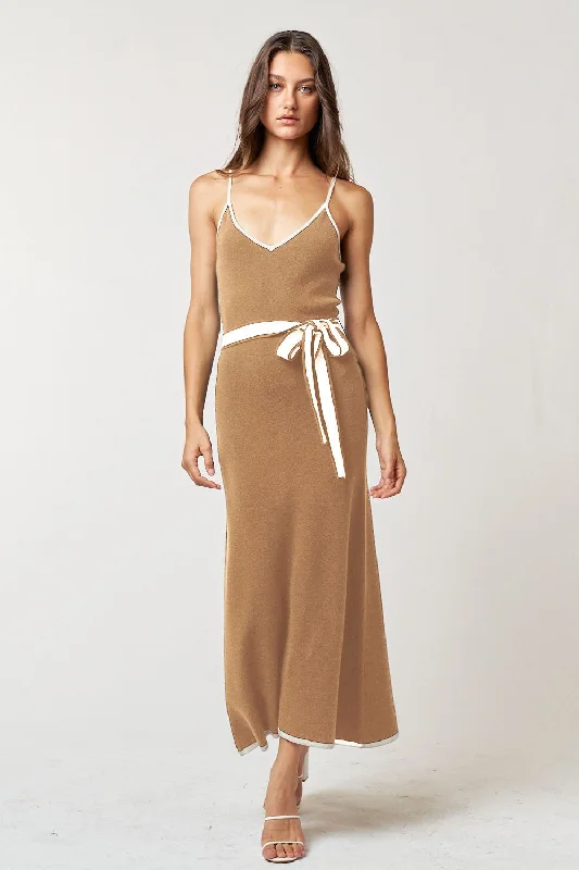 Taupe Contrast Piping Midi Dress Chic Bohemian Midi Dress