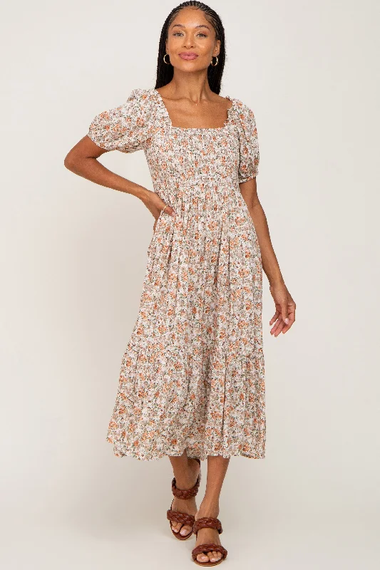 Taupe Floral Smocked Puff Sleeve Midi Dress Cozy T-shirt Midi Dress