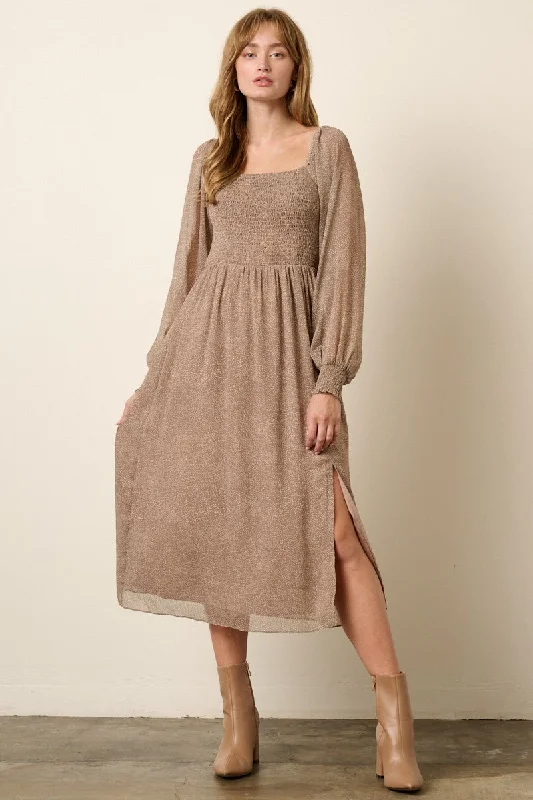 Taupe Scatter Dot Print Smocked Detail Midi Dress Stylish Color Block Midi Dress