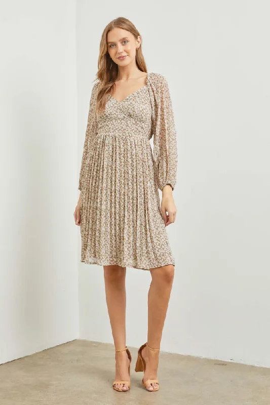 Taupe V-Neck Pleated Midi Dress Elegant Pleated Detail Midi Dress