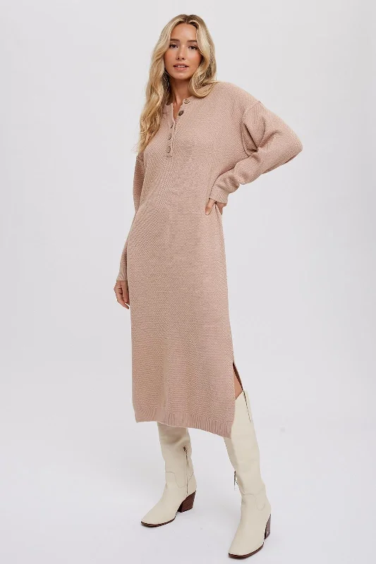Taupe Waffle Knit Button Long Sleeve Midi Dress Stylish Pleated Skirt Midi Dress