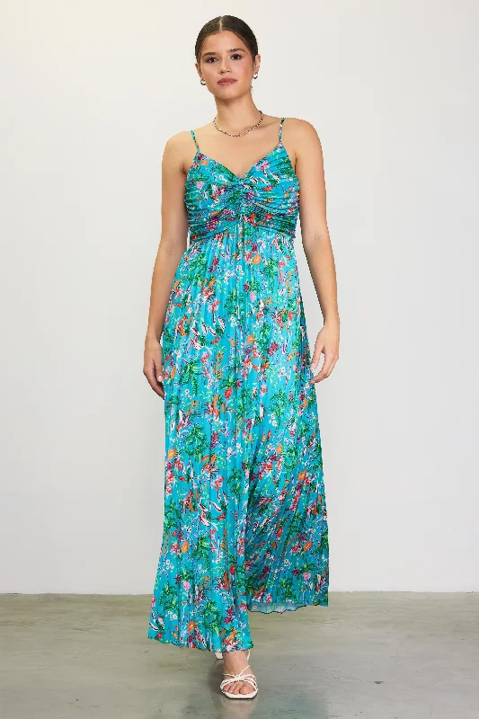 Teal Floral Pleated Ruched Front Midi Dress Stylish Animal Print Midi Dress