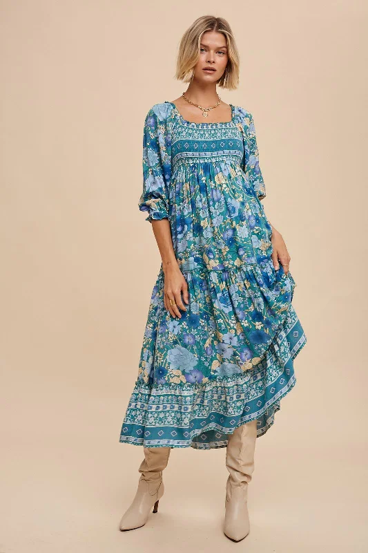 Teal Floral Smocked Half-Length Sleeves Midi Dress Elegant Floral Appliqué Midi Dress