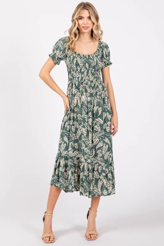 Teal Floral Smocked Short Puff Sleeve Midi Dress Trendy Long Sleeve Midi Dress
