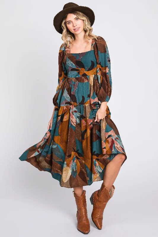 Teal Leaf Print Square Neck Midi Dress Trendy A-Line Midi Dress