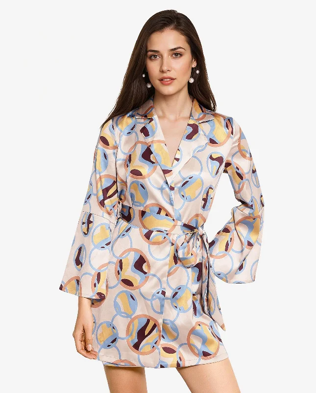 Rareism Women Tepec Light Multi Bell Sleeves Lapel Neck Tie Up Straight Fit Abstract Print Mini Dress Cozy Jersey Mini Dress