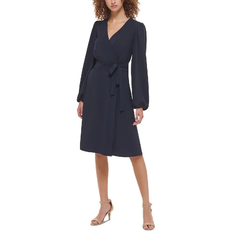 Tommy Hilfiger Womens Blouson Sleeves V-Neck Wrap Dress Cozy Knit Wrap Dress