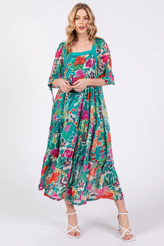 Turquoise Floral Half-Length Sleeve Tie Midi Dress Stylish Pleated Skirt Midi Dress