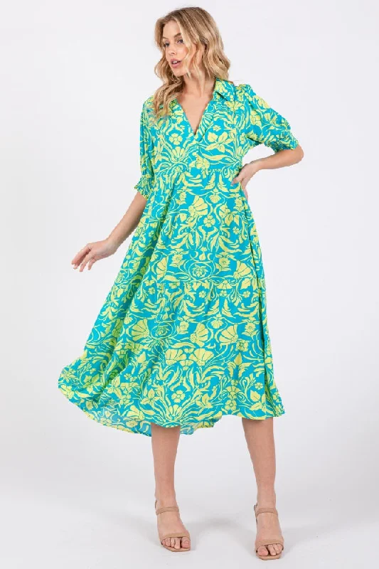 Turquoise Floral V-Neck Tiered Midi Dress Cozy T-shirt Midi Dress