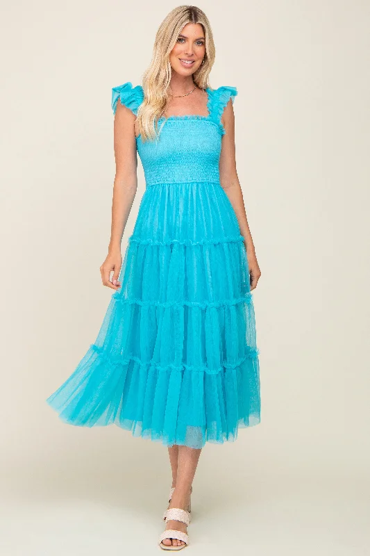 Turquoise Smocked Mesh Ruffle Accent Midi Dress Chic Floral Print Midi Dress