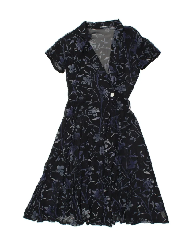 VINTAGE Womens See Through Wrap Dress UK 14 Medium Navy Blue Floral Stylish Printed Wrap Dress