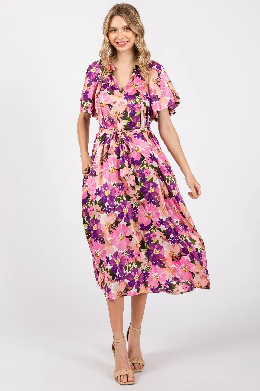 Violet Floral V-Neck Short Puff Sleeve Tie Waist Satin Midi Dress Stylish Button-Up Midi Dress