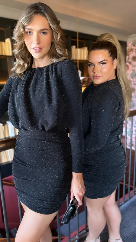 Wallis Black Sparkly Long Sleeve Ruched Mini Dress Chic Pleated Mini Dress