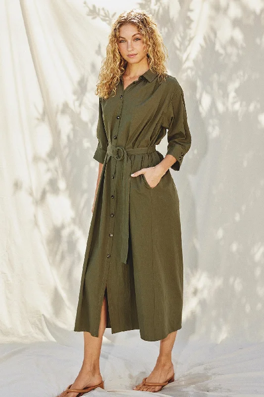 Washed Olive Buckle Detail Midi Dress Fashionable Wide Leg Midi Dress