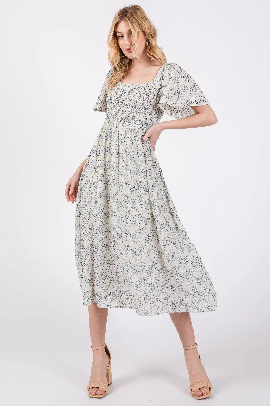 White Floral Square Neck Smocked Midi Dress Chic Floral Print Midi Dress
