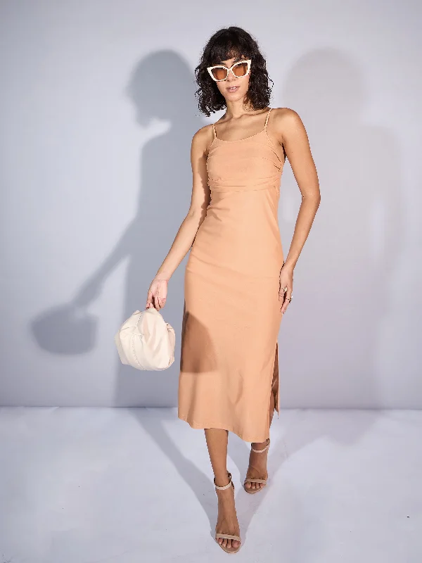 Women Beige Mesh Strappy Midi Dress Comfortable Short Sleeve Midi Dress