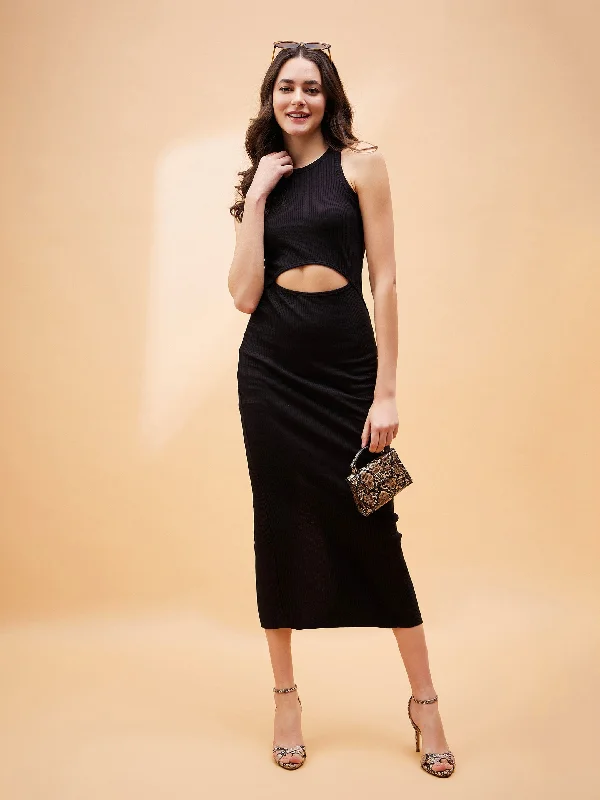Women Black Front Cut Out Rib Midi Dress Stylish Striped Midi Dress