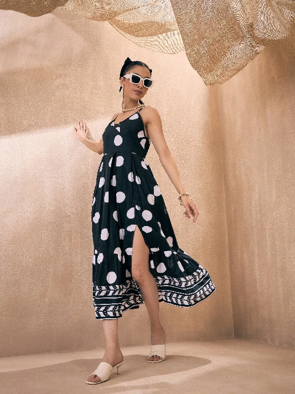Women Black Polka Dot Front Slit Strappy Midi Dress Cozy Spaghetti Strap Midi Dress