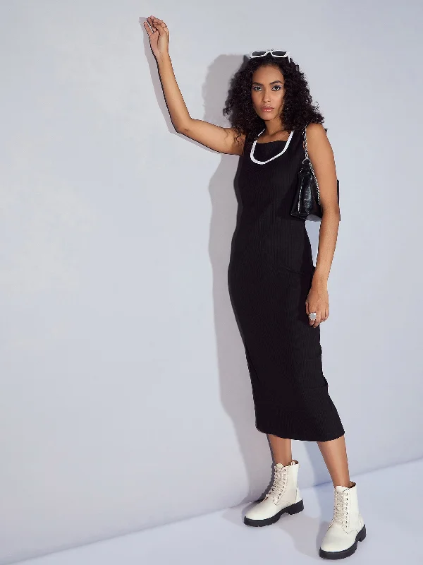 Women Black Rib Contrast Binding Back Slit Midi Dress Comfortable Draped Midi Dress