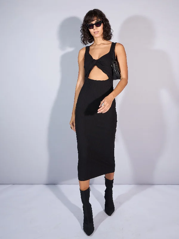 Women Black Rib Front Twist Cut-Out Midi Dress Fashionable Chiffon Midi Dress