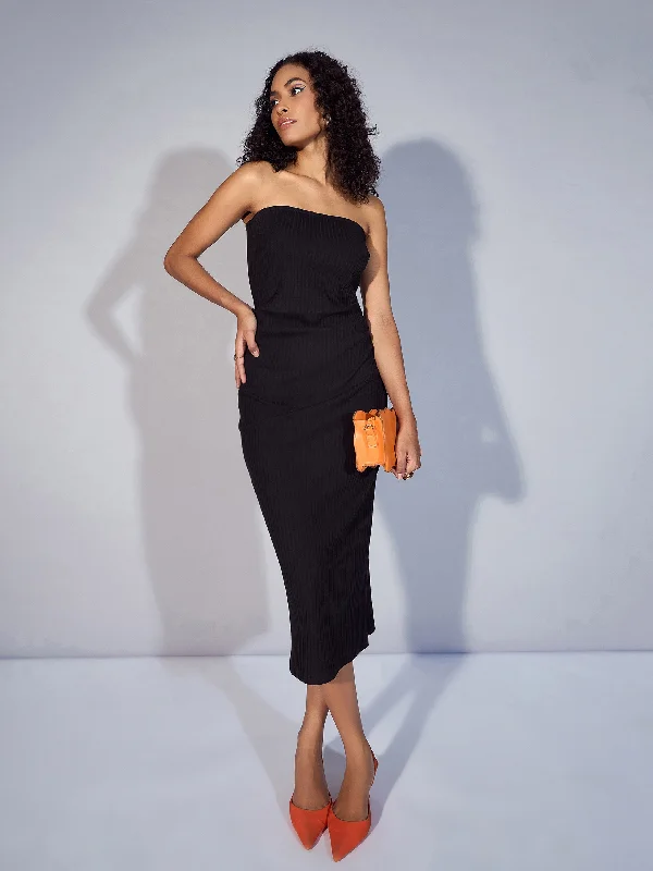Women Black Rib Tube Midi Dress Stylish High-Waisted Midi Dress
