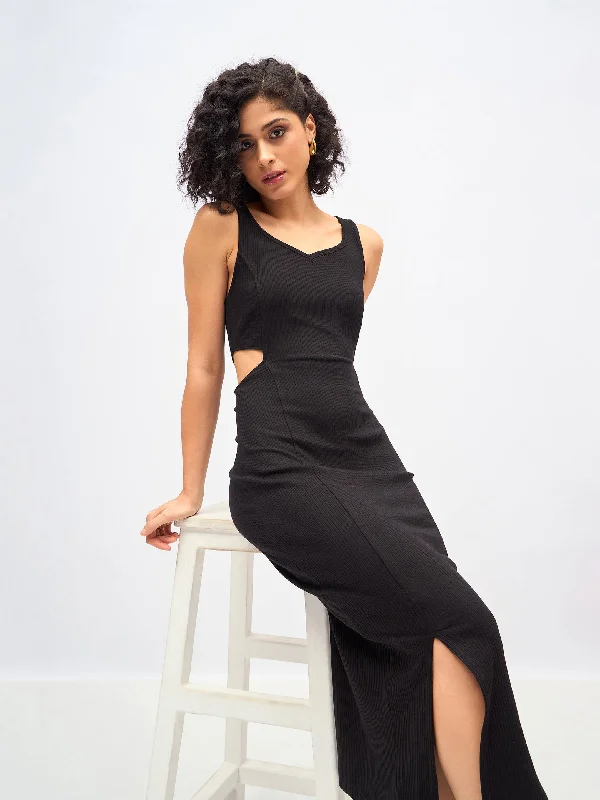 Women Black Rib Waist Cut-Out Midi Dress Elegant Satin Slip Midi Dress