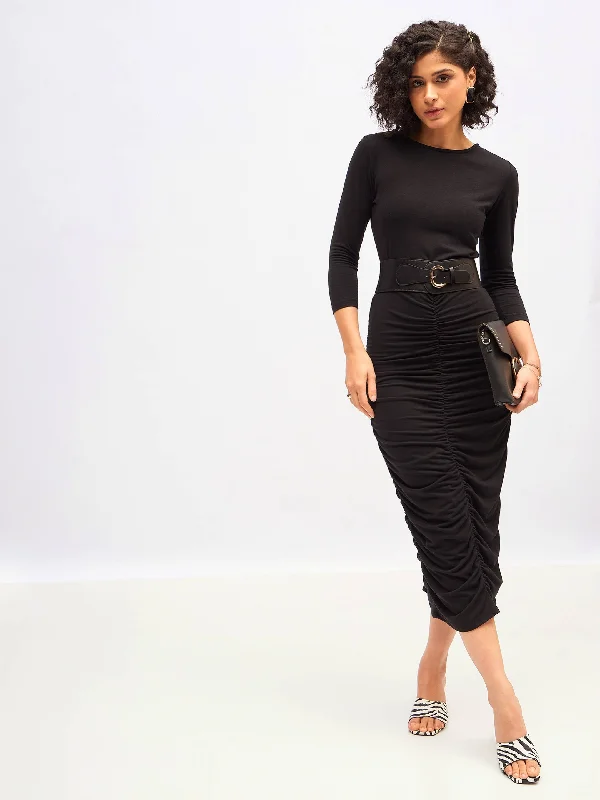 Women Black Ruched Bodycon Midi Dress Elegant Pleated Sleeve Midi Dress
