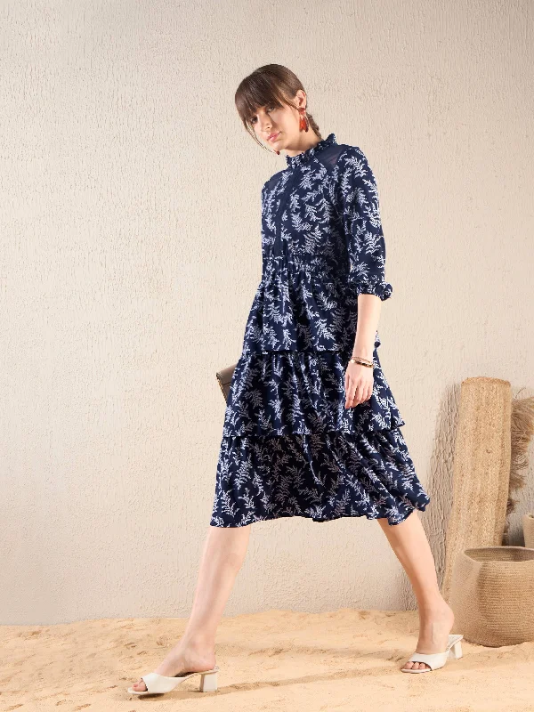 Women Blue Floral Tiered Midi Dress Fashionable A-Line Midi Dress