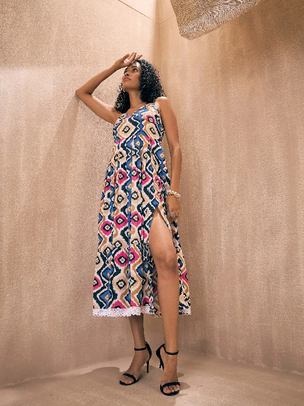 Women Blue & Pink Ethnic Print Front Slit Strappy Midi Dress Elegant Satin Midi Dress