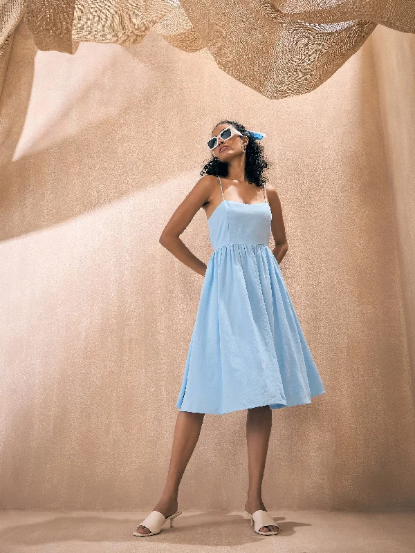 Women Blue Solid Back Tie-Dori Midi Dress Fashionable Polka Dot Midi Dress