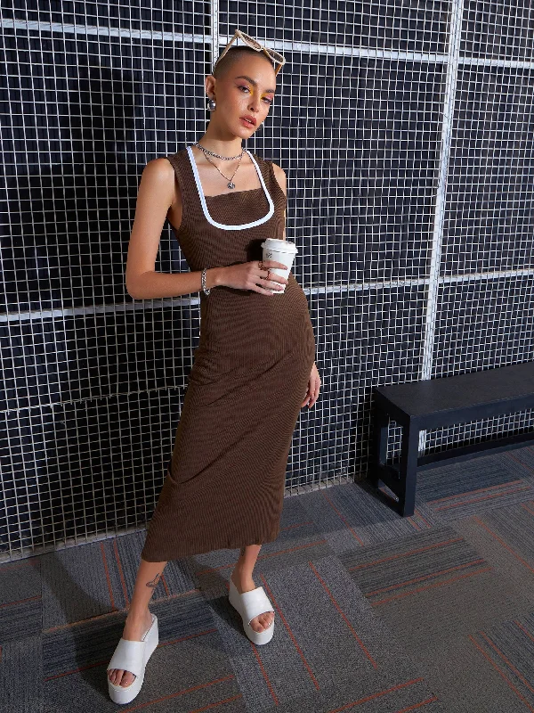 Women Brown Rib Contrast Binding Back Slit Midi Dress Fashionable Floral Embroidery Midi Dress