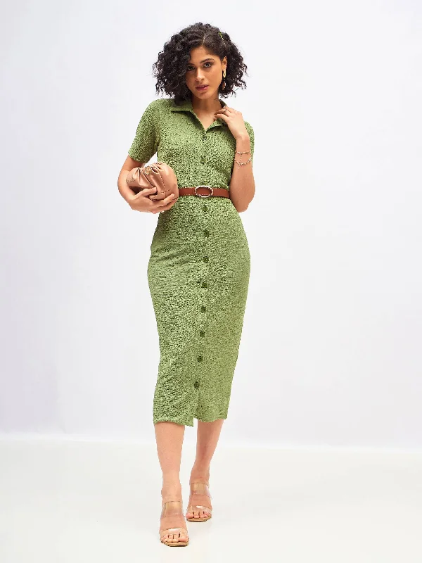 Women Green Knitted Front Button Bodycon Midi Dress Stylish Animal Print Midi Dress