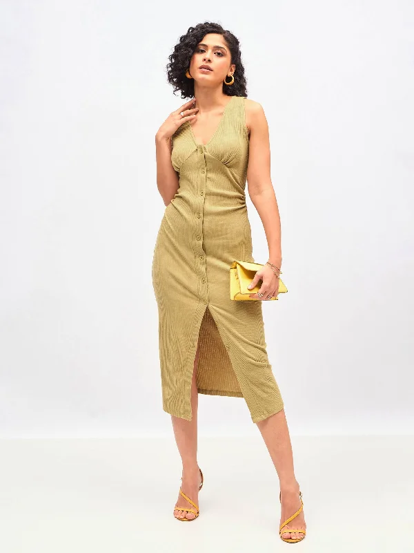 Women Khaki Rib Front Button Bodycon Midi Dress Stylish Wraparound Midi Dress