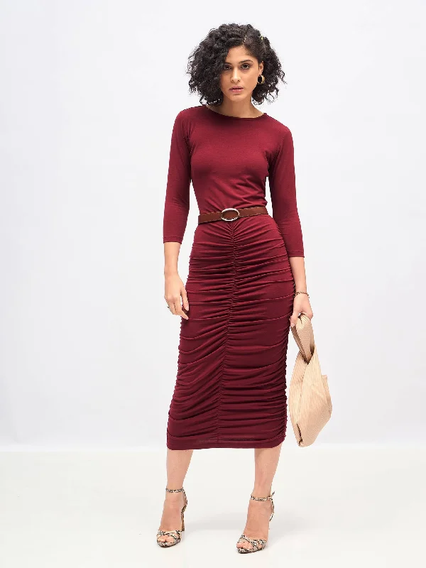 Women Maroon Ruched Bodycon Midi Dress Trendy Knit Midi Dress