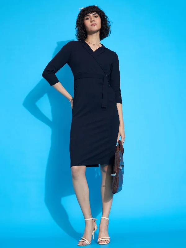 Women Navy Front Wrap Bodycon Midi Dress Comfortable Draped Midi Dress