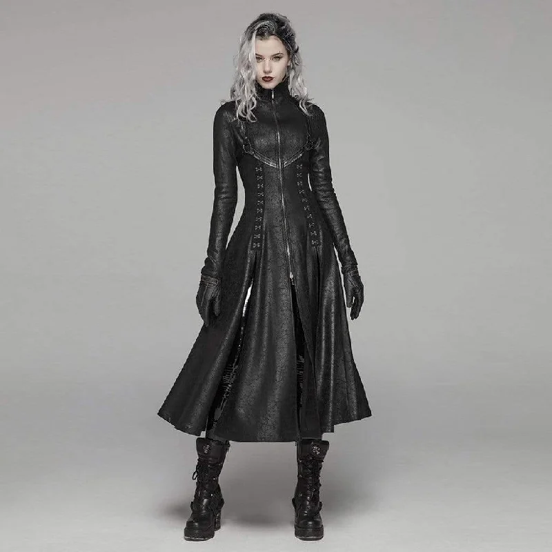 Women's Goth Front Zipper Stand Collar Maxi Overcoat Lapel-Free Sleek Coat