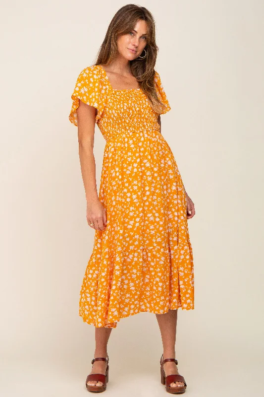 Yellow Floral Smocked Midi Dress Comfortable Fit-and-Flare Midi Dress