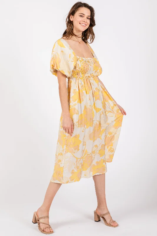 Yellow Floral Square Neck Smocked Short Puff Sleeve Midi Dress Fashionable Pleated Midi Dress