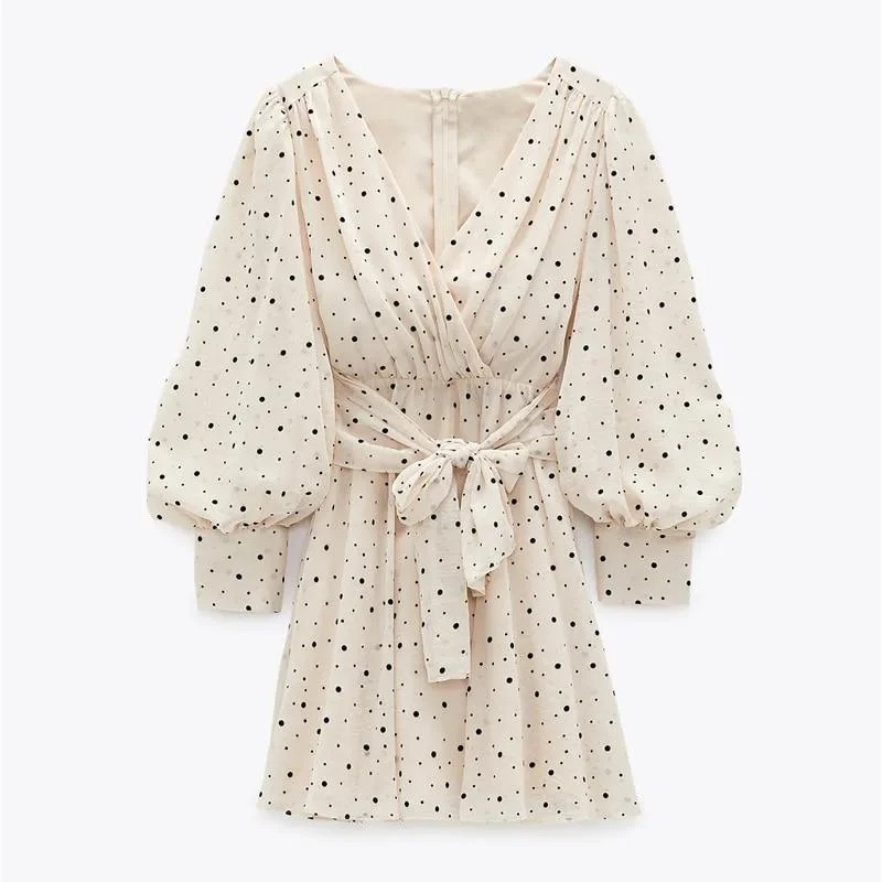 FashionSierra - Za Dress Woman Polka Dot Mini Dress Long sleeve V-neckline Zip fastening White Women's Dresses for Summer Fashionable Mini Dress with Frills
