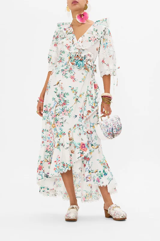 MAXI WRAP DRESS WITH PUFF SLEEVE PLUMES AND PARTERRES Comfortable Boho Wrap Dress