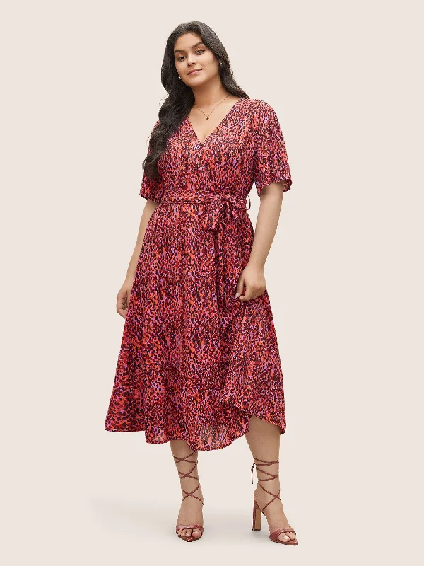 Allover Print Elastic Waist Belted Wrap Dress Trendy Cross-Wrap Dress