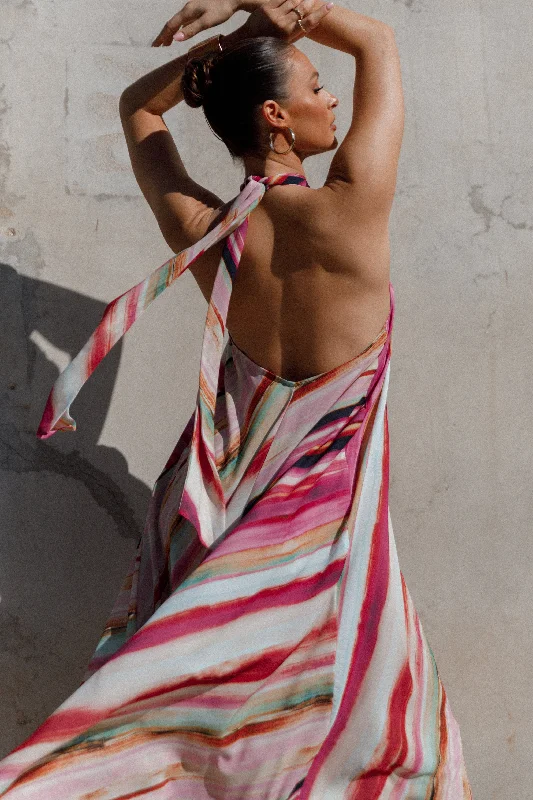 Antonijia Halterneck Maxi Dress - Berry Stripe Stylish Empire Waist Maxi Dress