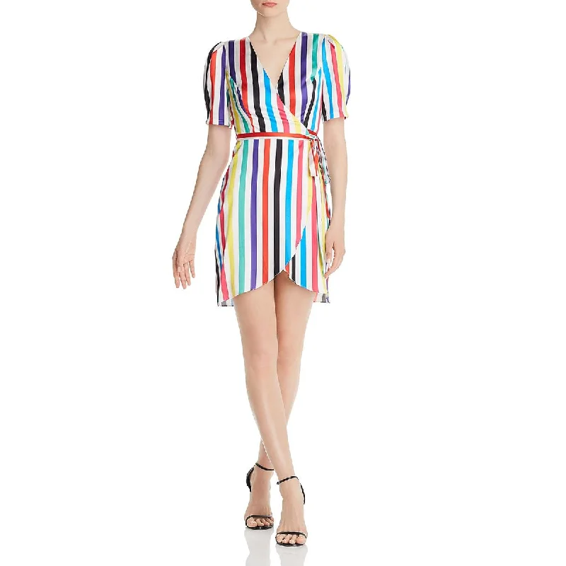 Aqua Womens Rainbow Striped Casual Wrap Dress Trendy Halter Wrap Dress