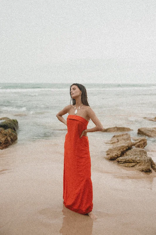 Archer Strapless Maxi Dress - Red Fashionable Button-Down Maxi Dress