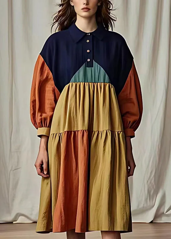 Art Colorblock Peter Pan Collar Patchwork Cotton Maxi Dresses Summer Stylish Maxi Dress with Pleats Art Colorblock Peter Pan Collar Patchwork Cotton Maxi Dresses Summer Stylish Maxi Dress with Pleats