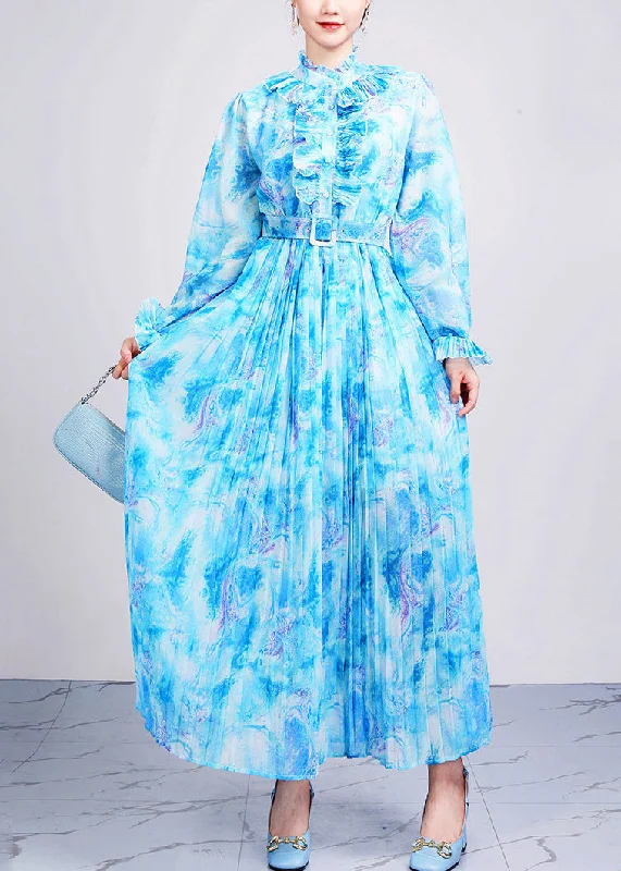 Baby Blue Ruffled Patchwork Chiffon Maxi Dresses Fall Classic A-Line Maxi Dress