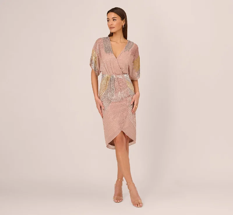 Beaded Faux Wrap Dress With Dolman Sleeves In Rose Gold Elegant Stretch Wrap Dress