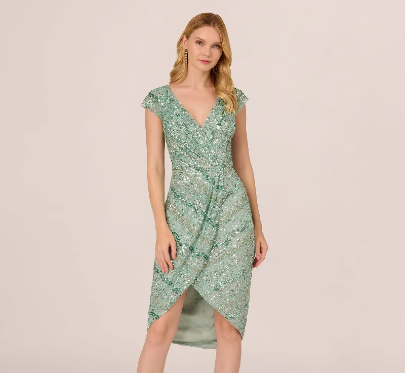 Beaded Faux Wrap Dress With Sheer Cap Sleeves In Icy Sage Elegant Tie-Front Wrap Dress