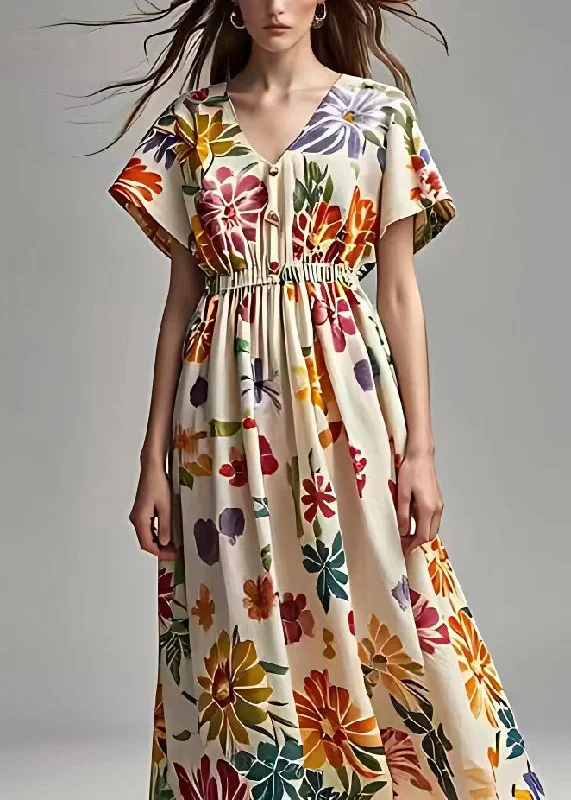 Beautiful Apricot V Neck Print Cotton Maxi Dresses Summer Cozy Maxi Dress with Slit