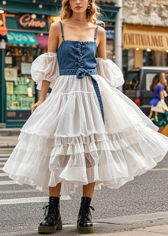 Beautiful Cold Shoulder Patchwork Denim Tulle Maxi Dresses Puff Sleeve Cozy Longline Maxi Dress